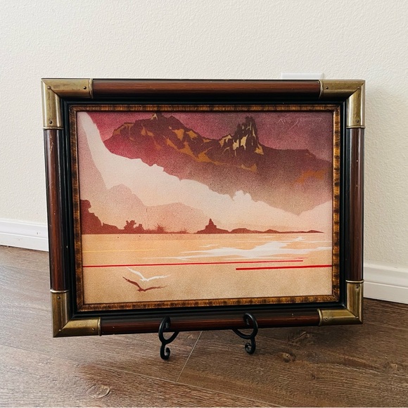 Landscape Art In Unique Wood Frame with Metal Corners 15/19 Inches Tall